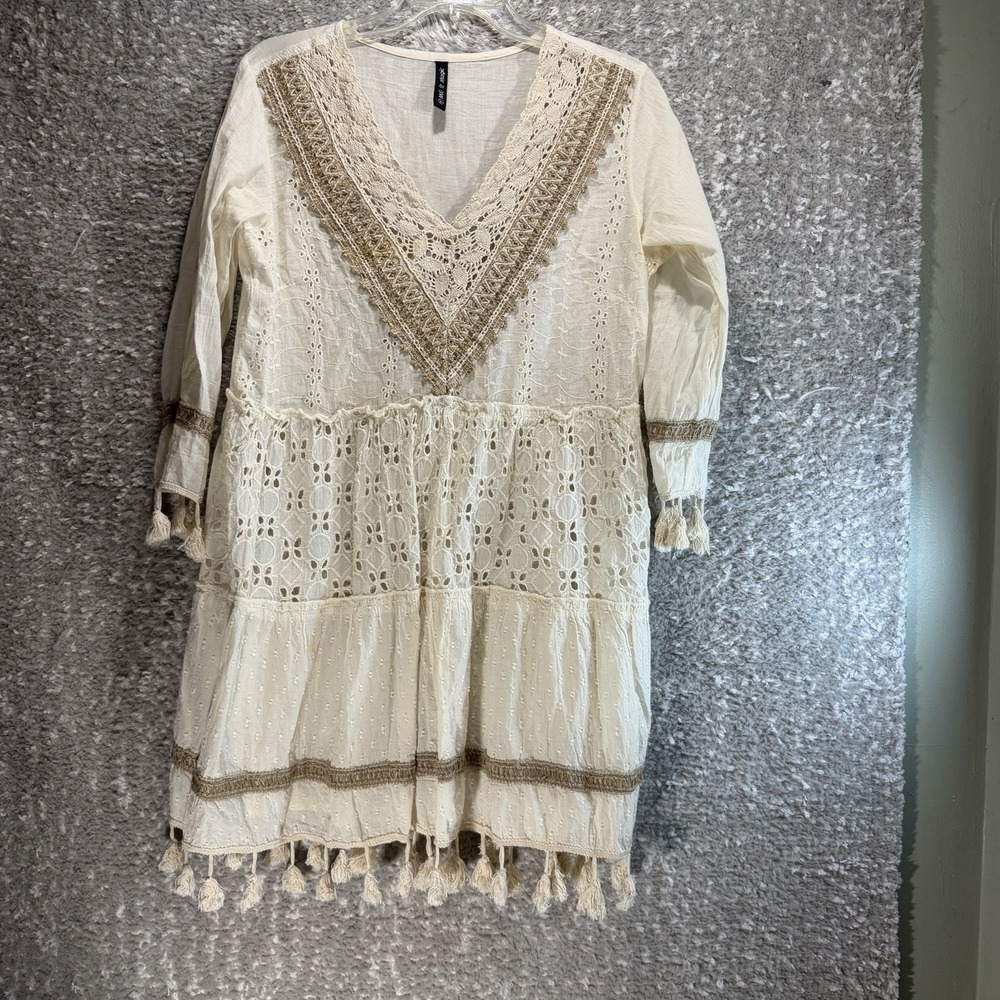 Me 2 Magic Tunic Dress Ivory Semi-Sheer Embroidered Crochet Tassel Trim Boho M